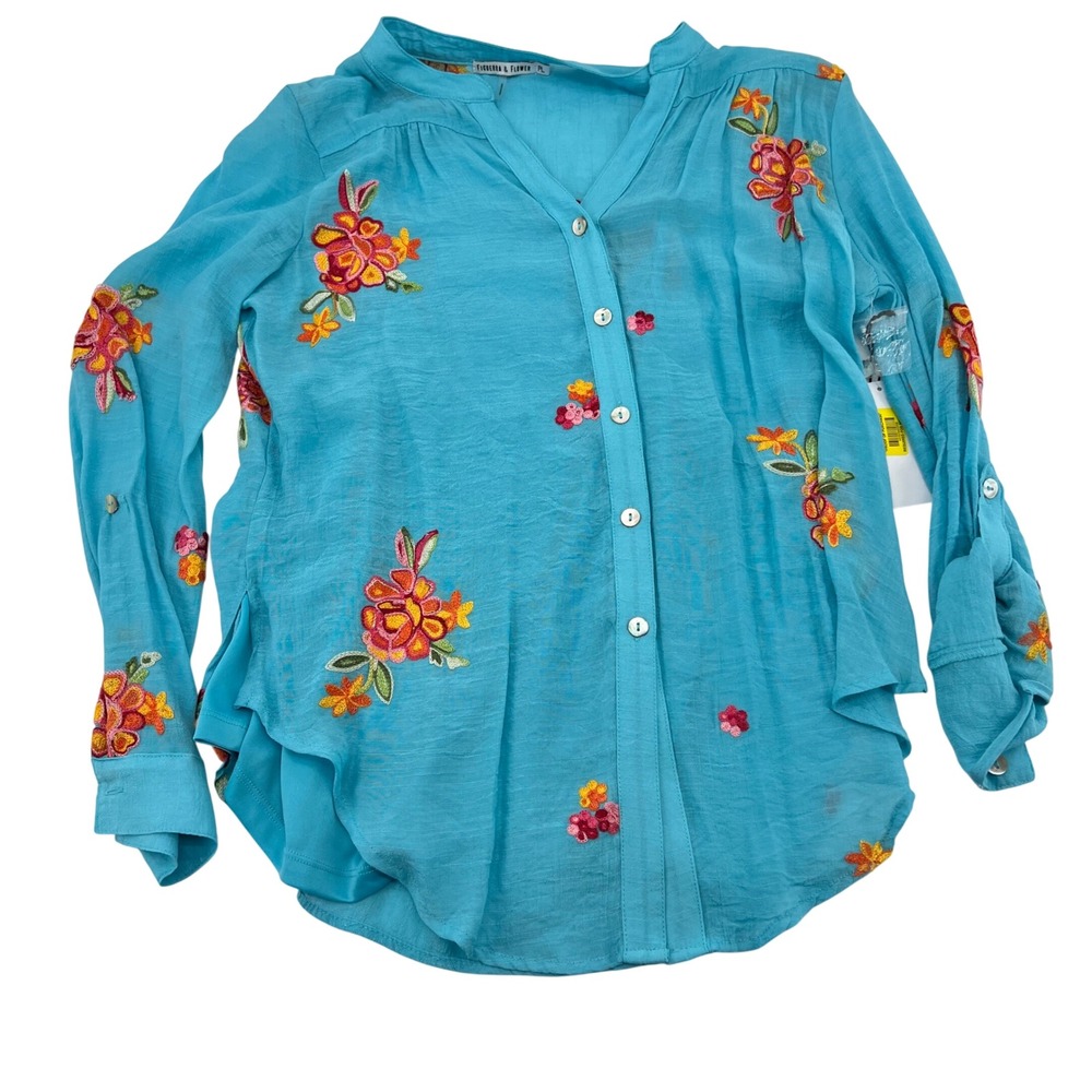 Figueroa & Flower Teal Floral Embroidered Button Front Blouse ROXT114EGP‎ PL NEW